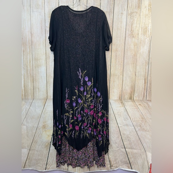 Lola P Cottagecore Dress L Black Sheer Floral Overlay Hanky Hem Whimsigoth Fairy - Picture 6 of 8